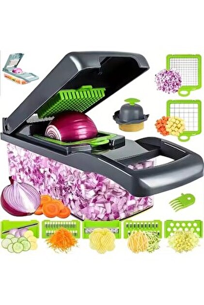 Tocator de legume multifunctional, 14 in 1, cu 8 lame, tocator de ceapa, feliator si taietor de legume, cu recipient - DailyBox