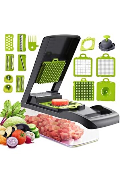 Tocator de legume multifunctional, 14 in 1, cu 8 lame, tocator de ceapa, feliator si taietor de legume, cu recipient