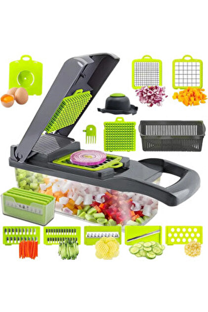Tocator de legume multifunctional, 14 in 1, cu 8 lame, tocator de ceapa, feliator si taietor de legume, cu recipient