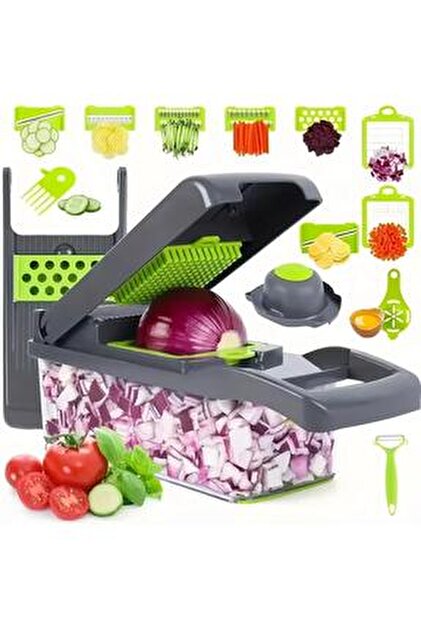 Tocator de legume multifunctional, 14 in 1, cu 8 lame, tocator de ceapa, feliator si taietor de legume, cu recipient