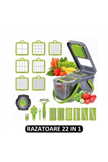 Tocator de legume multifunctional, 14 in 1, cu 8 lame, tocator de ceapa, feliator si taietor de legume, cu recipient - DailyBox