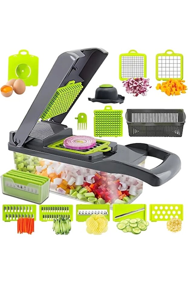 Tocator de legume multifunctional, 14 in 1, cu 8 lame, tocator de ceapa, feliator si taietor de legume, cu recipient - DailyBox