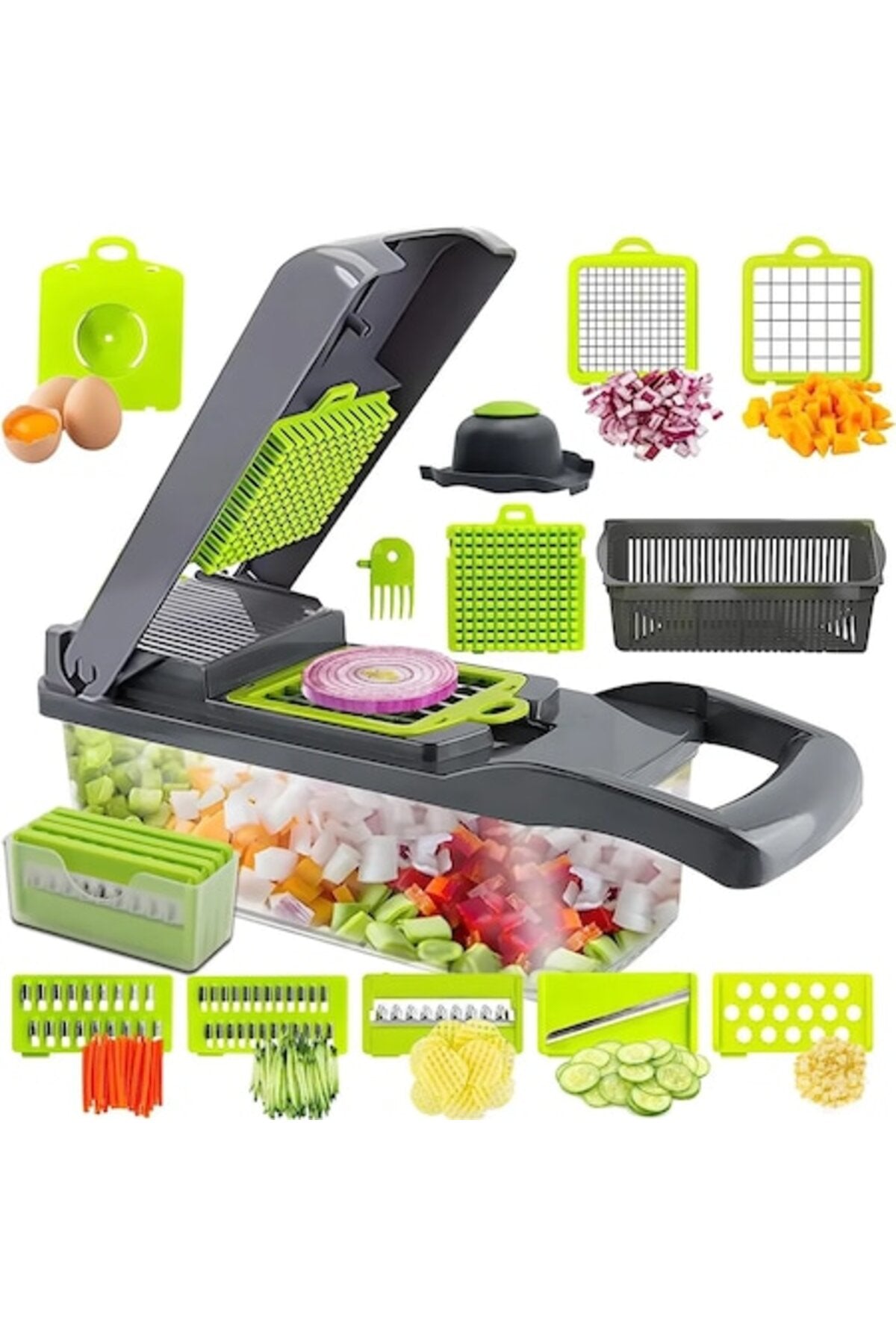 Tocator de legume multifunctional, 14 in 1, cu 8 lame, tocator de ceapa, feliator si taietor de legume, cu recipient - DailyBox