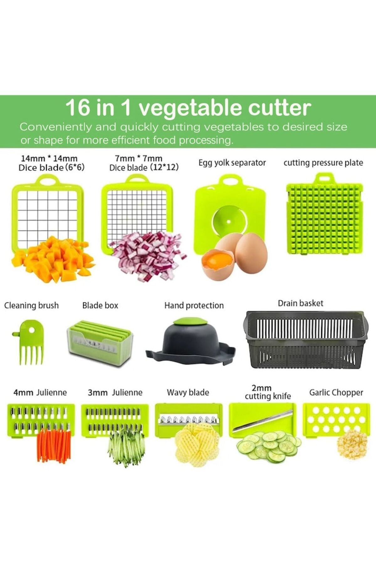 Tocator de legume multifunctional, 14 in 1, cu 8 lame, tocator de ceapa, feliator si taietor de legume, cu recipient - DailyBox