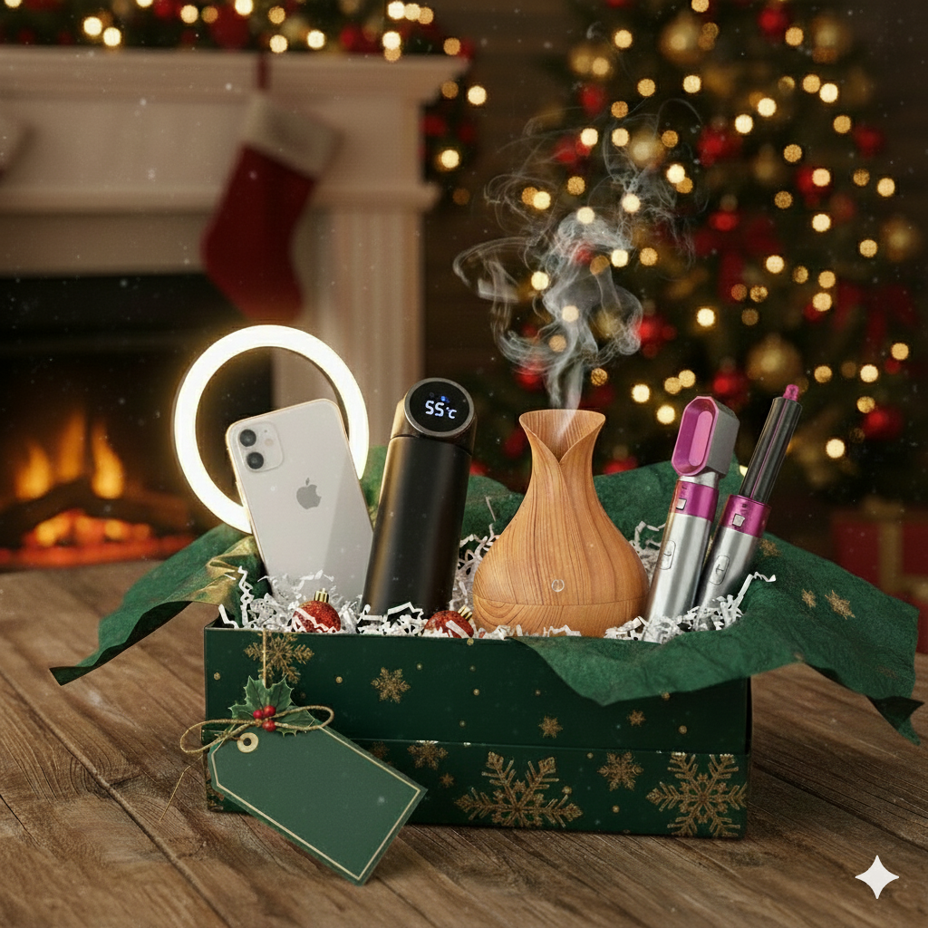 Pachet Cadou de Craciun- Uscator de par 5 in 1 + Termos cu afisaj Digital + Ringlight Telefon + Difuzor Aromaterapie