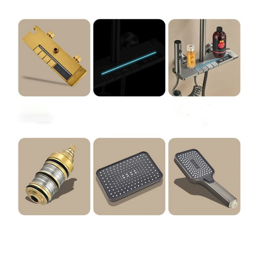 Coloană de duș termostat, afișaj digital, lumină LED ambientală, 4 funcții, taste de pian, cap duș dreptunghiulară, efect de ploaie, înălțime reglabilă, montare pe perete, Gri - DailyBox