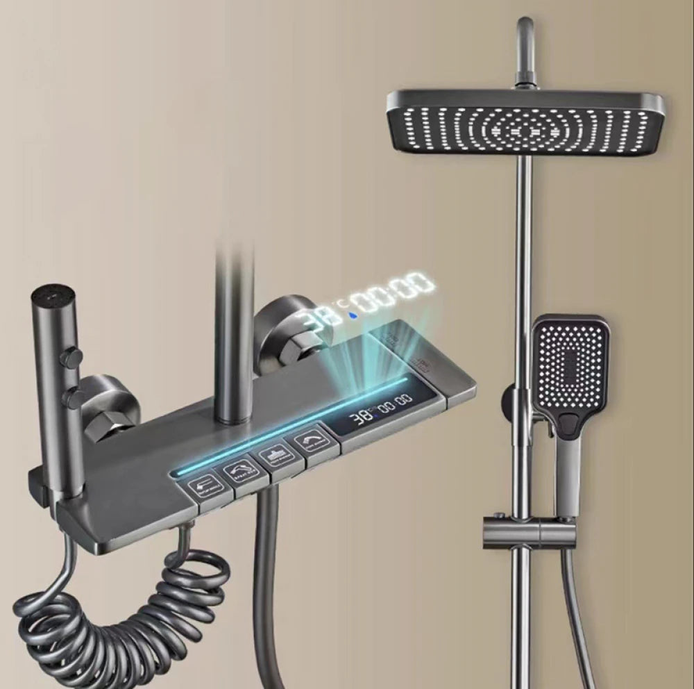 Coloană de duș termostat, afișaj digital, lumină LED ambientală, 4 funcții, taste de pian, cap duș dreptunghiulară, efect de ploaie, înălțime reglabilă, montare pe perete, Gri