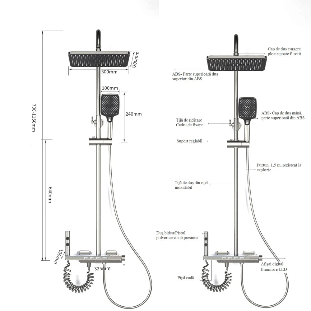 Coloană de duș termostat, afișaj digital, lumină LED ambientală, 4 funcții, taste de pian, cap duș dreptunghiulară, efect de ploaie, înălțime reglabilă, montare pe perete, Gri - DailyBox