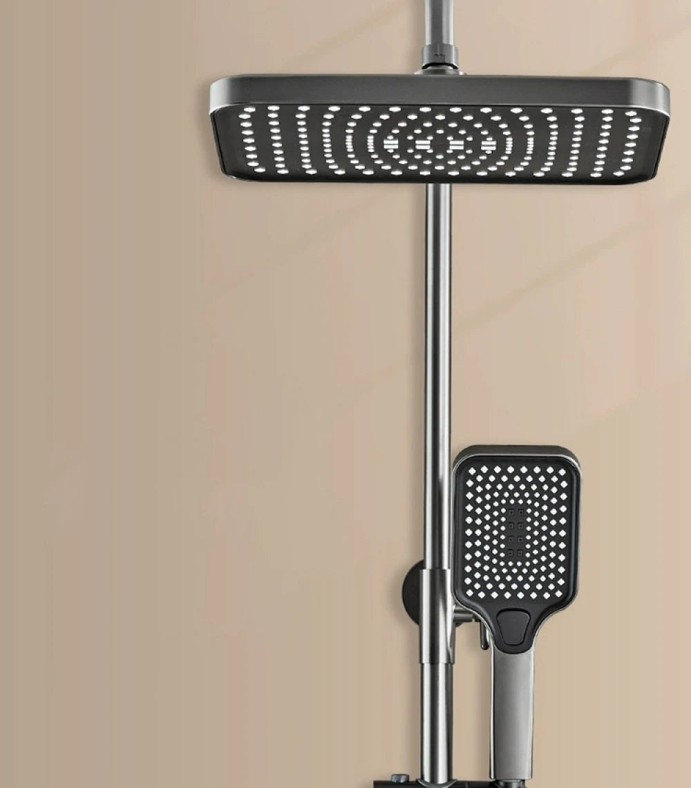 Coloană de duș termostat, afișaj digital, lumină LED ambientală, 4 funcții, taste de pian, cap duș dreptunghiulară, efect de ploaie, înălțime reglabilă, montare pe perete, Gri - DailyBox
