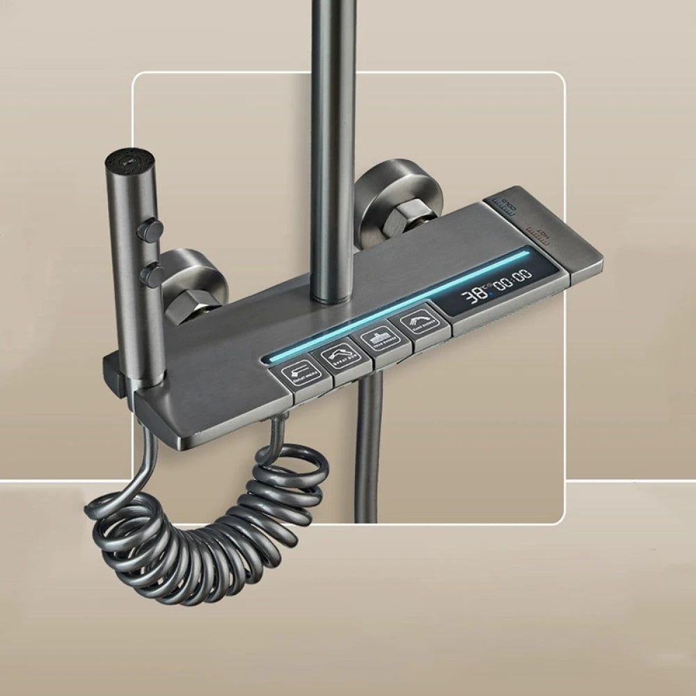 Coloană de duș termostat, afișaj digital, lumină LED ambientală, 4 funcții, taste de pian, cap duș dreptunghiulară, efect de ploaie, înălțime reglabilă, montare pe perete, Gri