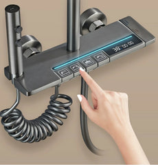 Coloană de duș termostat, afișaj digital, lumină LED ambientală, 4 funcții, taste de pian, cap duș dreptunghiulară, efect de ploaie, înălțime reglabilă, montare pe perete, Gri - DailyBox