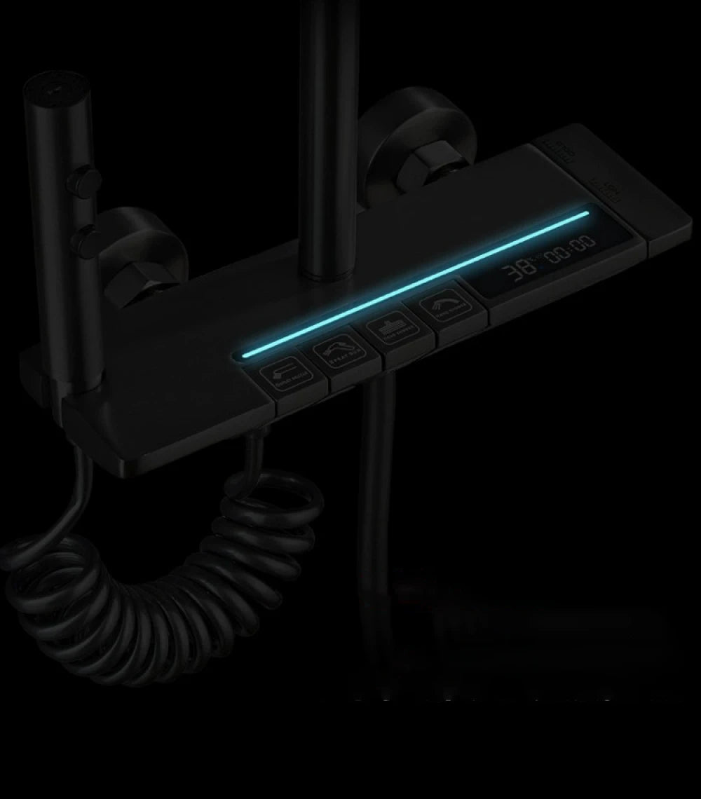 Coloană de duș termostat, afișaj digital, lumină LED ambientală, 4 funcții, taste de pian, cap duș dreptunghiulară, efect de ploaie, înălțime reglabilă, montare pe perete, Gri - DailyBox