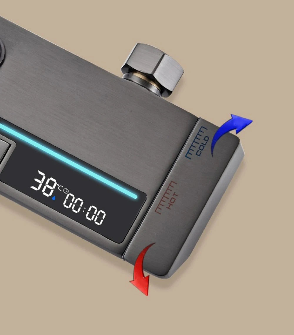 Coloană de duș termostat, afișaj digital, lumină LED ambientală, 4 funcții, taste de pian, cap duș dreptunghiulară, efect de ploaie, înălțime reglabilă, montare pe perete, Gri - DailyBox