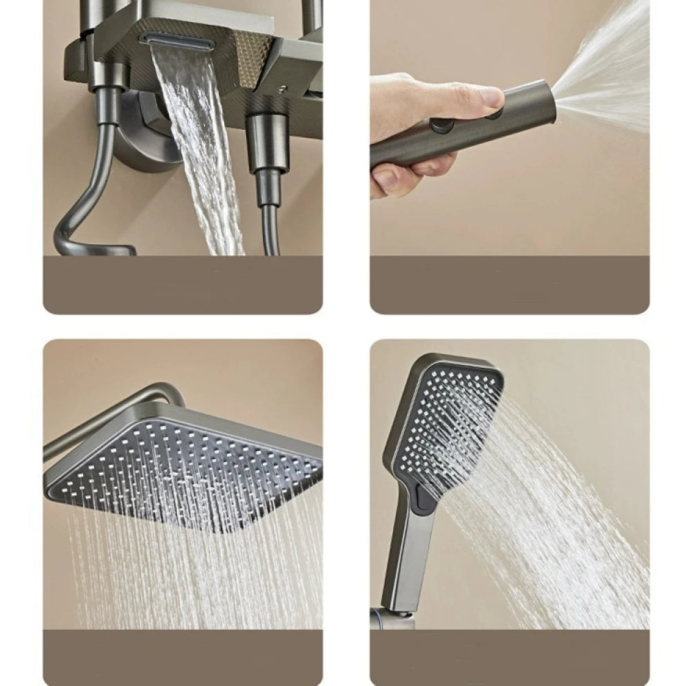 Coloană de duș termostat, afișaj digital, lumină LED ambientală, 4 funcții, taste de pian, cap duș dreptunghiulară, efect de ploaie, înălțime reglabilă, montare pe perete, Gri - DailyBox