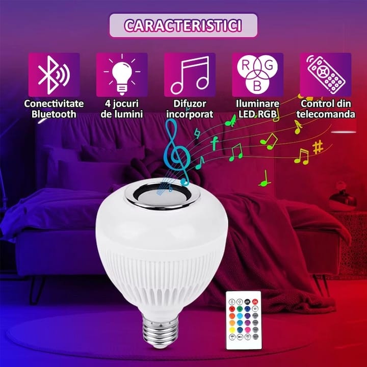 Bec bluetooth LED cu boxa, jocuri de lumini si telecomanda